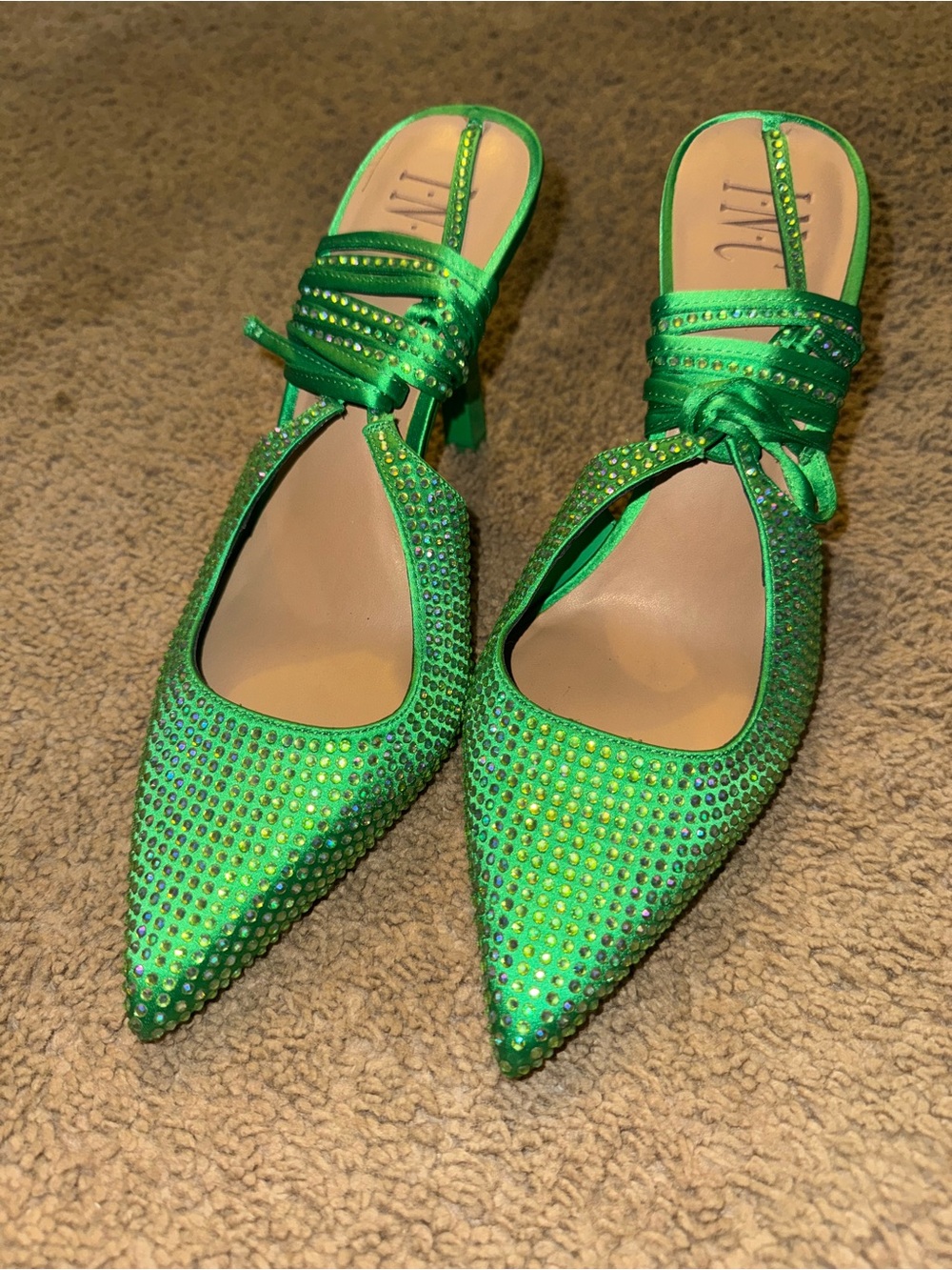 INC International Concepts Emerald Green Pointed Toe Crystal Mules
